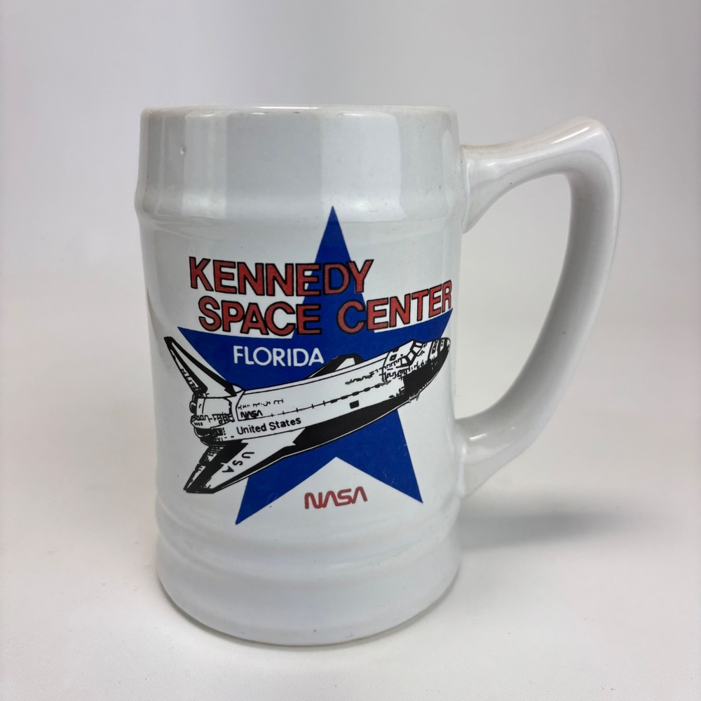 NASA Kennedy Space Center Beer Stein‎ Mug Florida Space Shuttle White Excellent